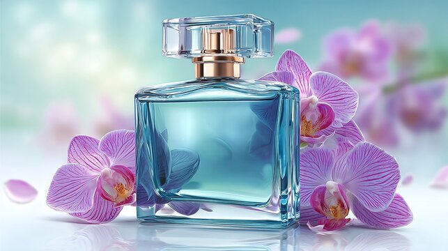 Profumo elegante in bottiglia di vetro trasparente circondato da orchidee viola su sfondo sfocato.