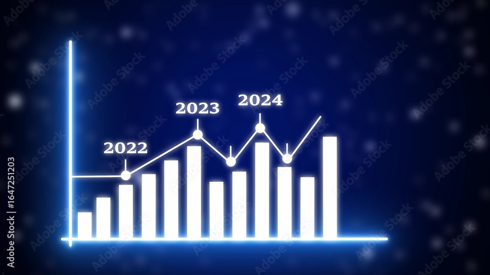 Poster bar and line graph showing growth from 2022 to 2025 with blue neon glow chart bar graph