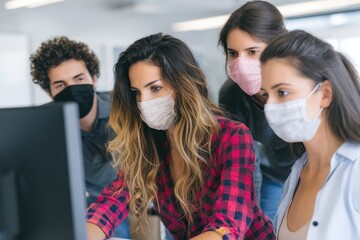 Coronavirus Mexico: Latin Women in Face Masks Working Together in Office During Pandemic