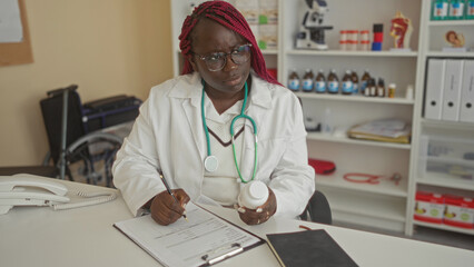 Woman doctor in white coat writing notes and holding medicine bottle in clinic room with shelves in background suggesting medical professional setting.