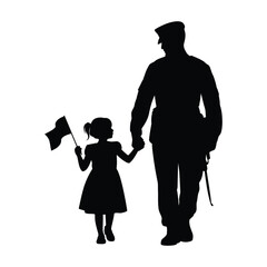 Silhouette of soldier holding hands with young girl carrying flag, symbolizing patriotism, protection, family bond, and national pride