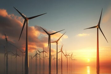 A vast wind farm with modern turbines under a cloudy sky. The turbines are generating clean energy in the midst of a cloudy day.