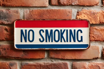 NO SMOKING enamel sign on brick wall, bold vintage policy message for workplaces
