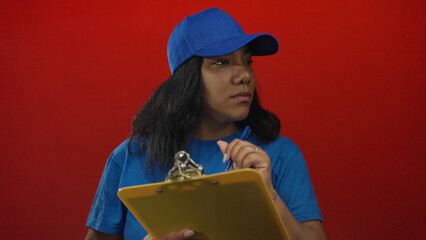 Woman wearing blue cap and shirt holds yellow clipboard and blue pen in studio; focus planning duty.