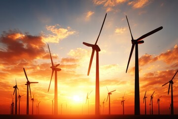 A breathtaking sunset illuminating a vast wind farm with modern turbines standing tall against the colorful sky.