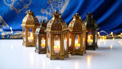 Obraz premium Glowing Ornate Lanterns with Candles on White Surface and Blue Background