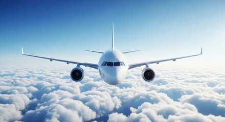 Obraz premium Airplane flying above the clouds in blue sky