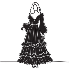 Girl in long black dress with ruffles, sketch doodles