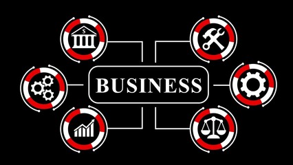 Business concept diagram with icons for finance industry and growth on black background strategy