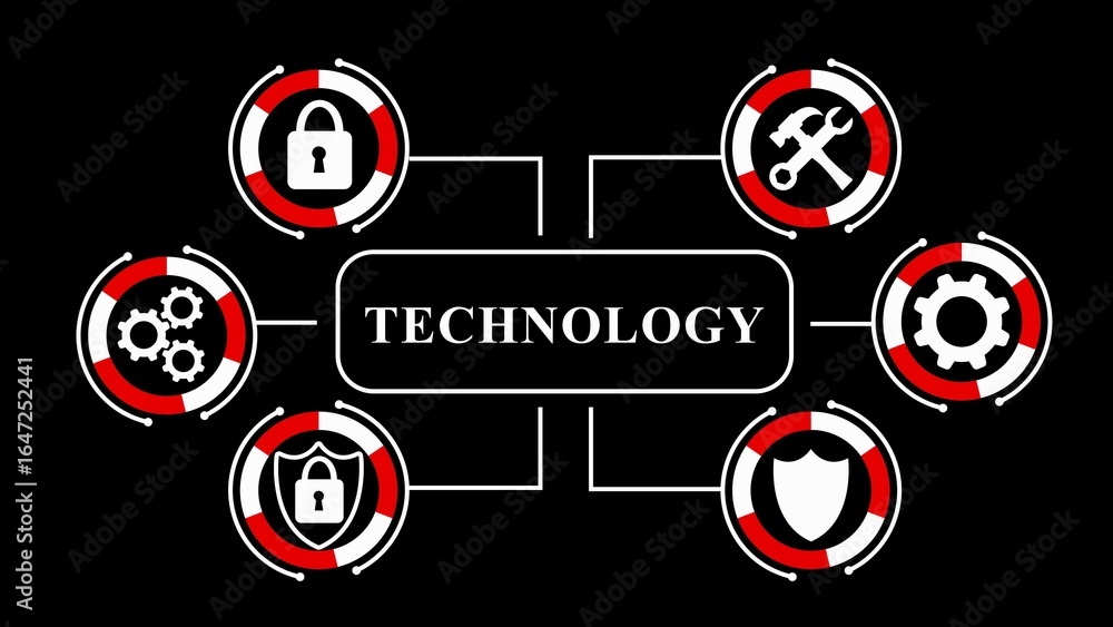 Poster technology concept diagram with icons for security and mechanics on black background image photo
