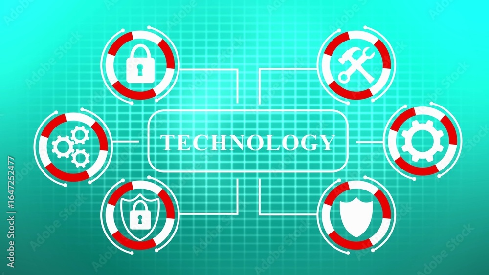Aufkleber technology concept diagram with security and mechanics icons on a blue grid background image