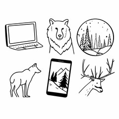 A collection of handdrawn icons featuring a laptop, bear, landscape, wolf, smartphone, and deer isolated on white background