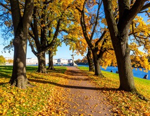Autumn park path with golden foliage