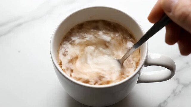 Overhead slow zoom on warm almond milk as maca powder is stirred in and the surface shimmers with a subtle golden wellness hue