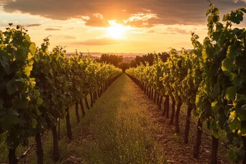 Fototapeta premium Vineyard rows at sunset golden hour view