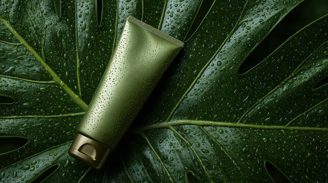 Tubo verde di crema cosmetica posato su una grande foglia verde umida con gocce d'acqua.