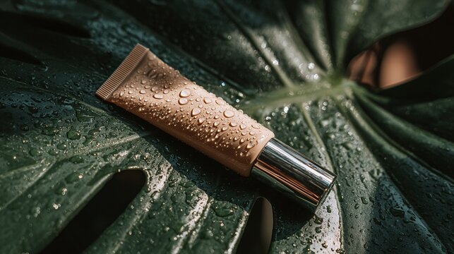 Tubo di fondotinta con gocce d'acqua su una foglia verde tropicale umida, cosmetica naturale.