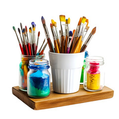 Obraz premium Vibrant artist's studio setup with colorful paintbrushes, jars of paint, and wood surface, perfect for creative inspiration and painting projects