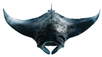 Manta ray swimming gracefully in ocean, showcasing its large wingspan and unique shape. creature glides effortlessly through water, embodying sense of tranquility and beauty