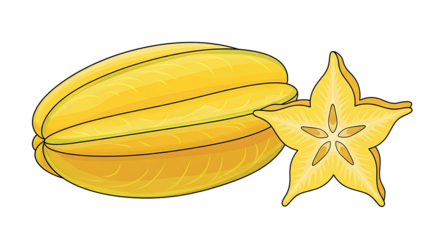 Ripe yellow star fruit, also known as carambola, shown whole and sliced to reveal its iconic star shape. An exotic and healthy tropical delicacy.