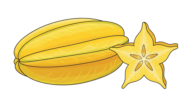 Ripe yellow star fruit, also known as carambola, shown whole and sliced to reveal its iconic star shape. An exotic and healthy tropical delicacy.