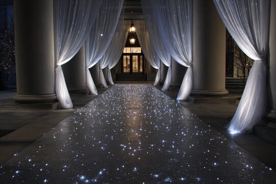 Un'elegante passerella illuminata da luci scintillanti conduce verso un edificio maestoso con colonne e drappi bianchi.