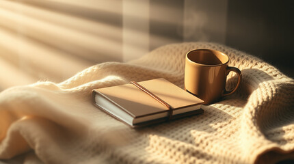  A blanket, brown notebook, and coffee cup are bathed in soft light beams filtering through dust or fog. 
