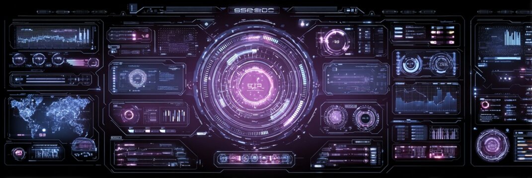 Interfaccia utente futuristica con HUD olografico, grafici digitali e mappa del mondo