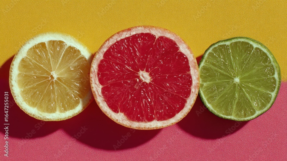 Poster slices of grapefruit, lemon, and lime in a row
