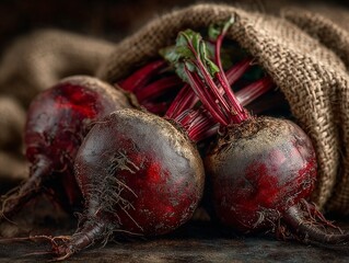 Fresh red beetroots with dirt and green tops are nestled in rustic burlap sack, showcasing their earthy texture and vibrant color. scene evokes sense of natural beauty and farm fresh produce