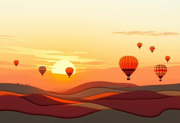 Layered paper cut sunset landscape, hot air balloons over rolling hills and pastoral fields,  warm,   nature