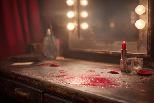 Trucco da attrice sul tavolo di un camerino con rossetto, petali di rosa e specchio illuminato.