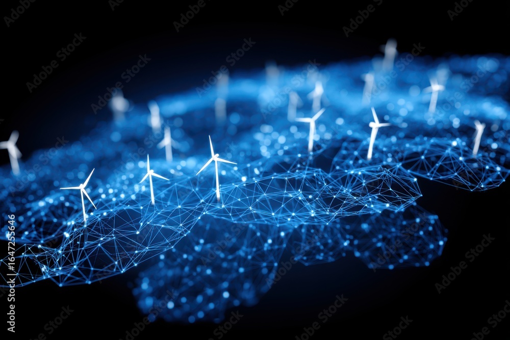 Poster a futuristic blue wireframe network design with interconnected white lines and dots, symbolizing con
