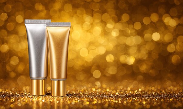Due tubetti di crema di lusso, argento e oro, su uno sfondo dorato scintillante, per prodotti di bellezza e cura della pelle.
