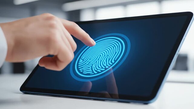 Close-up of a hand touching a fingerprint scanner on a tablet screen in a modern office setting with a dark and techy mood.