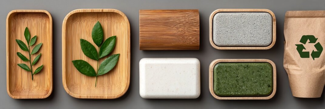 Prodotti naturali e sostenibili per la cura del corpo, con foglie verdi, bamb&ugrave; e simbolo del riciclo.