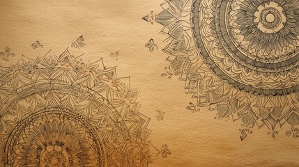 Decorative floral mandala design, hand-drawn on aged brown kraft paper