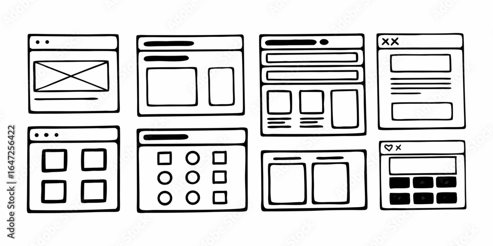 Poster illustration of eight different website layouts in black and white sketch style with varying content