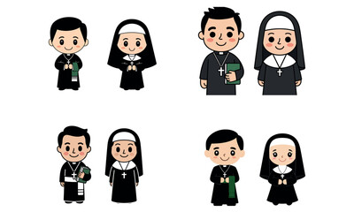 Cute cartoon priest and nun characters in religious clothing holding bible
