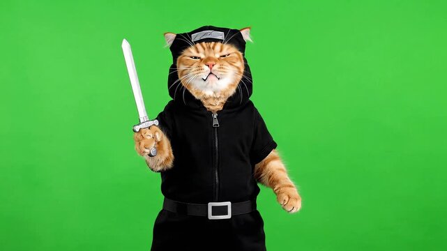 Ninja cat warrior with sword ready for action, humorous and unique, perfect for memes or pet product marketing with green screen for easy editing