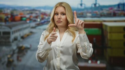 Fototapeta premium Young blonde woman gestures at a busy port with ships and stacked containers in the background, showcasing a lively maritime environment.
