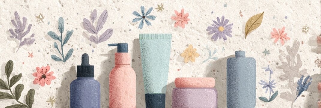 Prodotti per la cura della pelle in tonalit&agrave; pastello circondati da illustrazioni floreali e vegetali