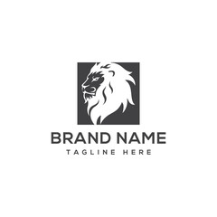 Lion Head Profile Logo in a Square Frame with Brand Name Text vector illustration