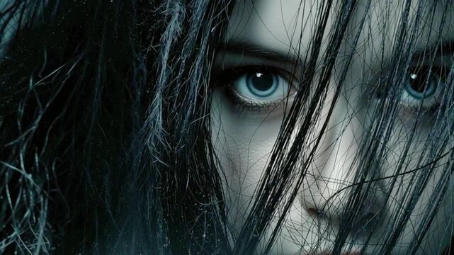 horror / thriller footage with close-up of beautiful, blue-eye girl; scared face expression and fear in her eyes; copy space