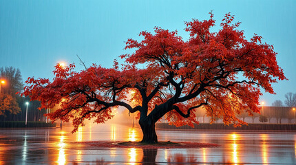 Warm autumn tree of life with wet rainy scene and reflective surfaces