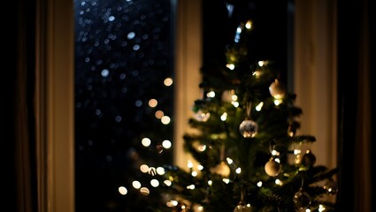 Obraz premium Cozy Christmas Tree by the Window in a Warm Home with Glowing Lights and Rain Outside Creating a Festive Atmosphere