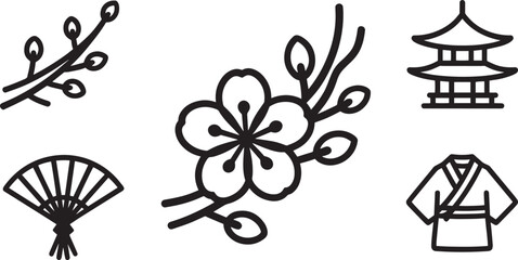 Japanese Culture Icon Set Outline Style Cherry Blossom Pagoda Fan Kimono Vector Design
