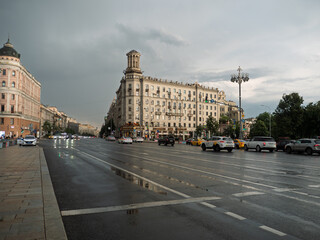 Tverskaya Street in Moscow: A Rainy Urban Scene