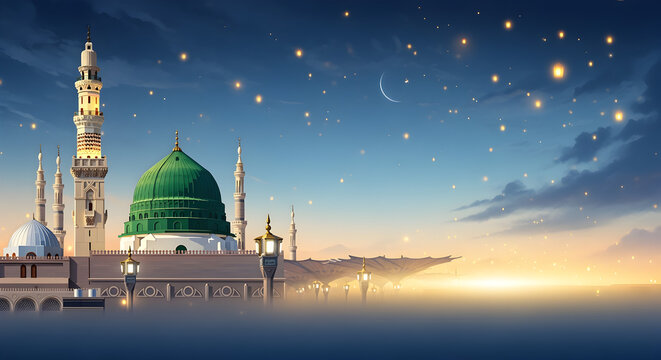 Milad un Nabi Maulid or Mawlid al Nabi Islamic background banner with Madina mosque bright gold stars