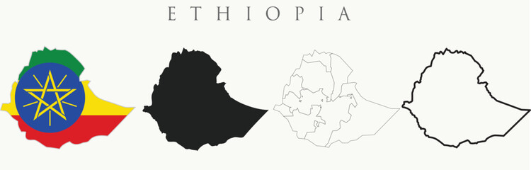 Obraz premium Set of isolated Ethiopia maps. Ethiopia maps in original, silhouette, proportions and outline. Maps and traveling around the world
